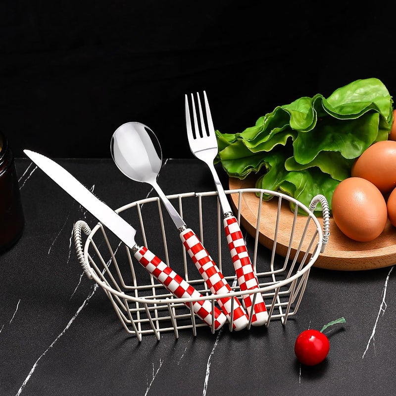 Koythin 3Piece Cutlery Set Stainless Steel Flatware Sets with Red Checkerboard Pattern Ceramic Handle Utensils including Knife Fork Spoon Red - Image 4