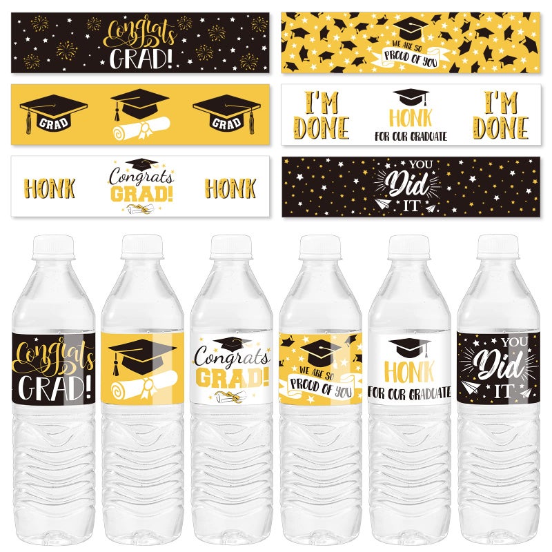 Whaline 6 Styles Graduation Bottle Labels 24Pcs Grad Cap Congrats 2025 Grad Water Bottle Stickers White Gold Black Grad Party Gift Label Stickers for College Grad Party Decoration Supplies