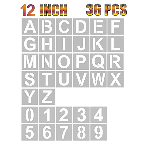 Dequera 12 Inch Letter Stencils and Numbers, 36 Pcs Alphabet Art Craft Stencils, Reusable Plastic Art Craft Stencils for Wood, Wall, Fabric, Rock, Chalkboard, Signage, DIY School Art Projects (12 Inch - Image 1