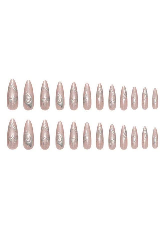 QQPPOLIU Nude Press on Nails Almond Shape Fake Nails Medium False Nails with Striped Design Cute Full Cover Nails 24Pcs - Image 5