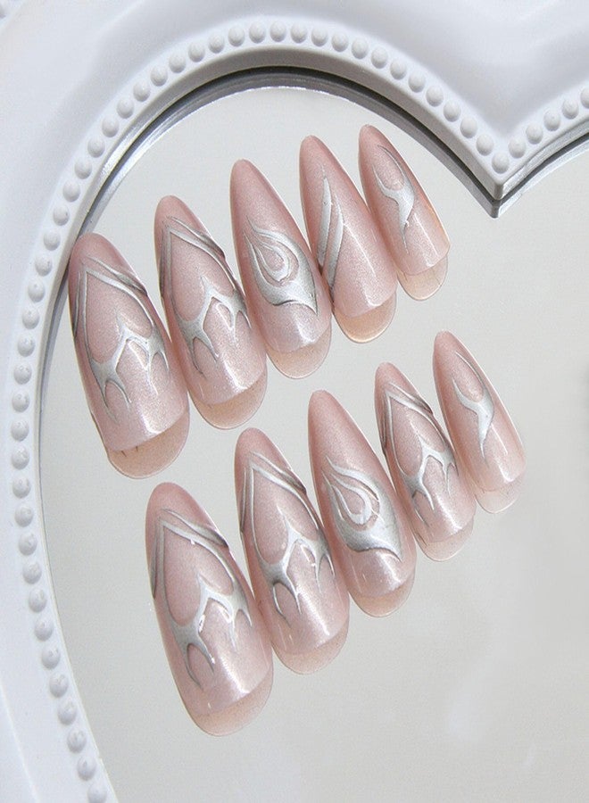 QQPPOLIU Nude Press on Nails Almond Shape Fake Nails Medium False Nails with Striped Design Cute Full Cover Nails 24Pcs - Image 3