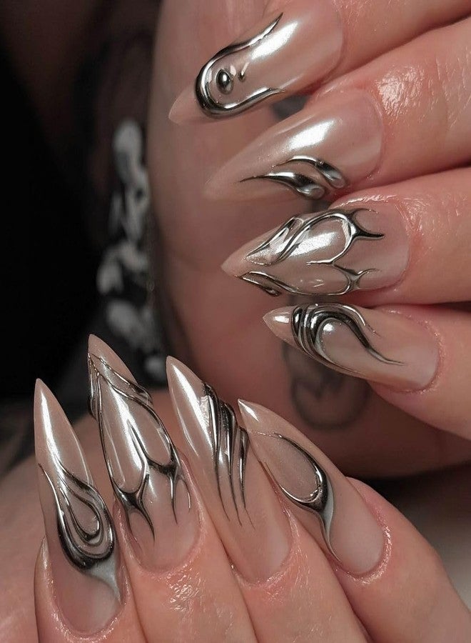 QQPPOLIU Nude Press on Nails Almond Shape Fake Nails Medium False Nails with Striped Design Cute Full Cover Nails 24Pcs - Image 1