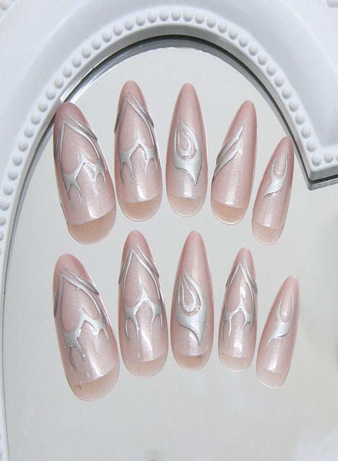 QQPPOLIU Nude Press on Nails Almond Shape Fake Nails Medium False Nails with Striped Design Cute Full Cover Nails 24Pcs - Image 4