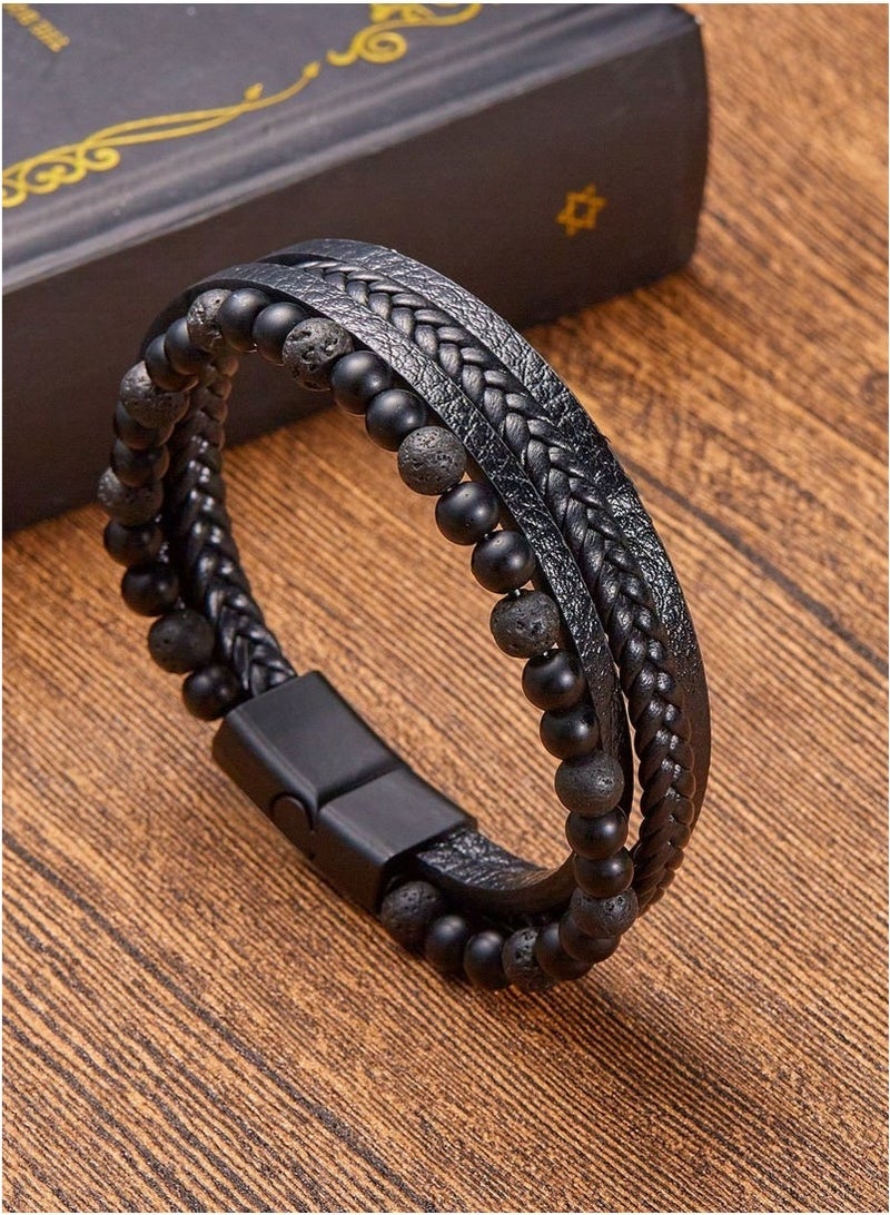 Mens Tiger Eye Matee Black Onyx Lava Rock Volcanic Stone Beaded Bracelet, Black Braided Leather Bracelet for Men - Image 1