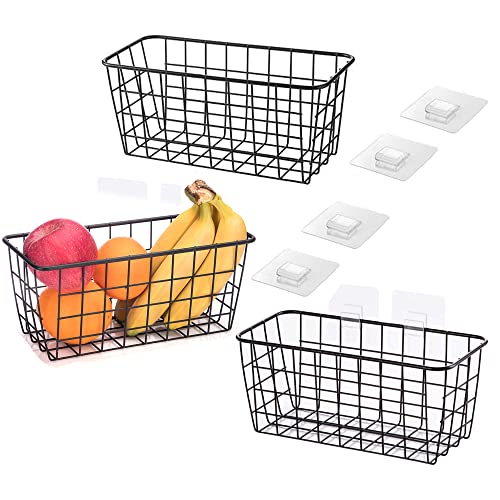 LeleCAT Adhesive Sturdy Small Wire Storage Baskets with Kitchen Food Pantry Bathroom Shelf Storage No Drilling Wall Mounted3 PACKBlack