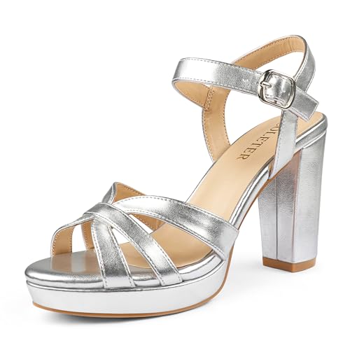 COLETER Women's Platform Chunky Heels Ankle Strap Block Heeled Sandals Party Wedding Shoes Matte Silver 7.5US - Image 1