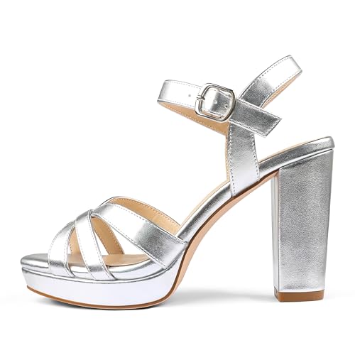 COLETER Women's Platform Chunky Heels Ankle Strap Block Heeled Sandals Party Wedding Shoes Matte Silver 7.5US - Image 4