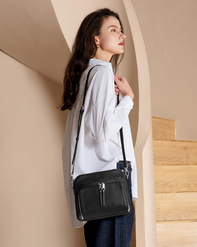 befen Black Genuine Leather Crossbody Purses for Women, Women's Small Crossbody Shoulder Bag Travel Purse with Built in RFID Wallet - Image 2