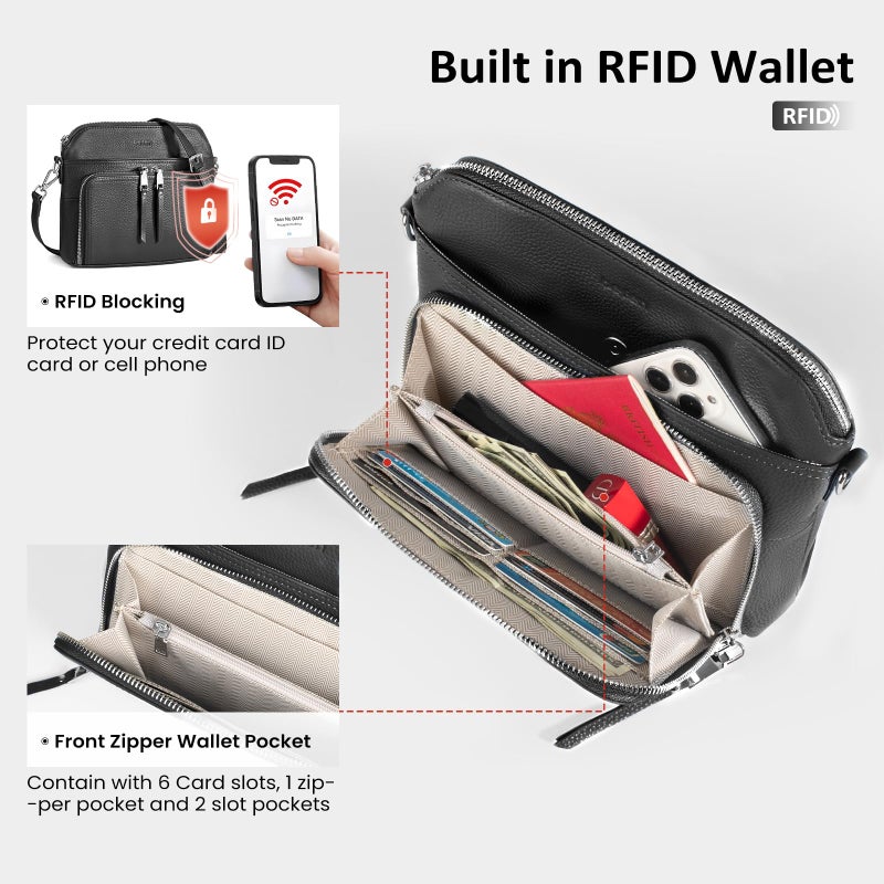 befen Black Genuine Leather Crossbody Purses for Women, Women's Small Crossbody Shoulder Bag Travel Purse with Built in RFID Wallet - Image 3