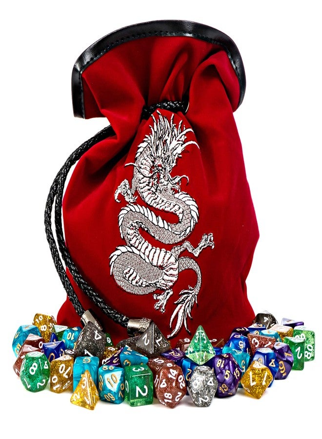 Rogues & Knaves Large Dice Bag with 7 Complete Dice Sets | Dragon DND Dice Bag and 49 Polyhedral Dice | Red Dice Bag with Pockets - Image 1