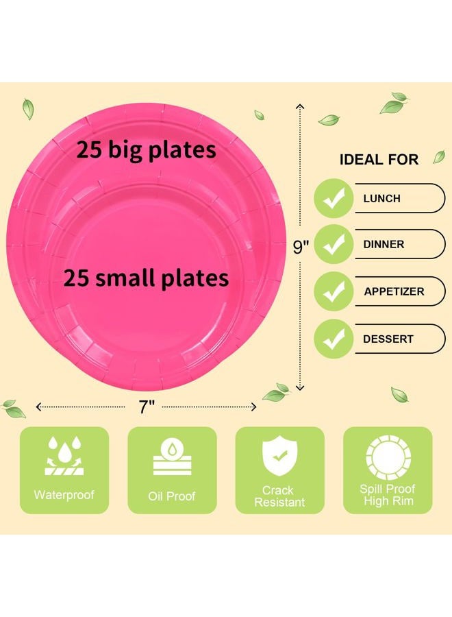 LANLISA 50 Hot Pink Paper Plates Disposable Set Includes 25-9" & 25-7" Disposable Dessert Cake Paper Plates for Party Supplies - Image 5