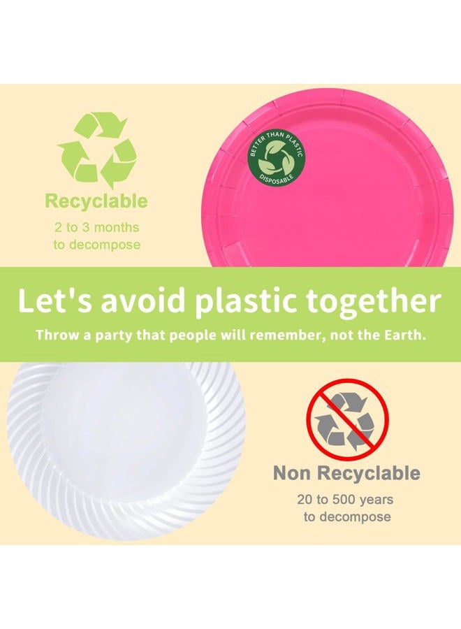 LANLISA 50 Hot Pink Paper Plates Disposable Set Includes 25-9" & 25-7" Disposable Dessert Cake Paper Plates for Party Supplies - Image 4