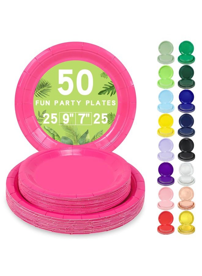 LANLISA 50 Hot Pink Paper Plates Disposable Set Includes 25-9" & 25-7" Disposable Dessert Cake Paper Plates for Party Supplies - Image 1