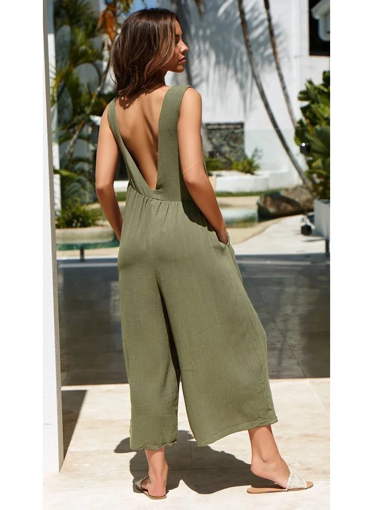 Barbora Linen Summer Daily Casual Backless Women's Jumpsuit LN212HAKI3A1