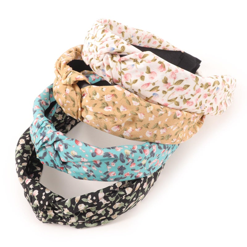 DRESHOW Headbands for Women and Girls Flower Printed Knotted Plastic Head Band Fashion Boho Wide Hairbands Non Slip Hair Accessories 4 Pcs - Image 2