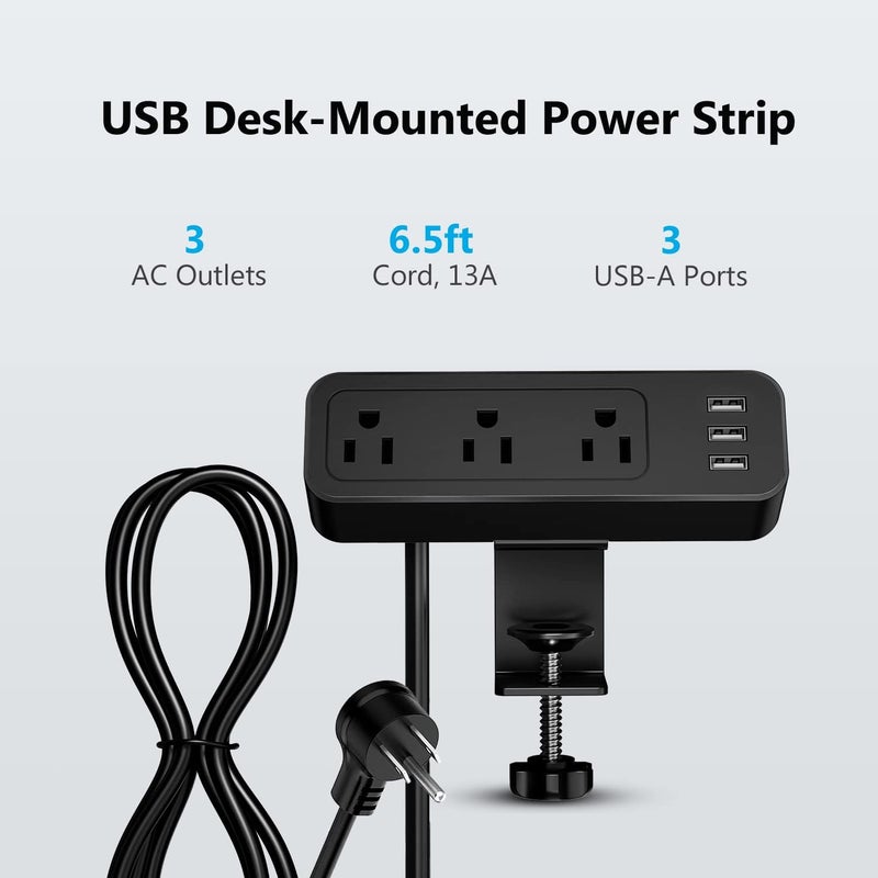 JSVER Desk Power Strip JSVER Desk Clamp Power Strip Desk Mount USB Charging Power Station Desk MultiOutlets 3 AC Outlets 65 ft Extension Cord Desktop Charging Clamp for Home Office Workshop - Image 2