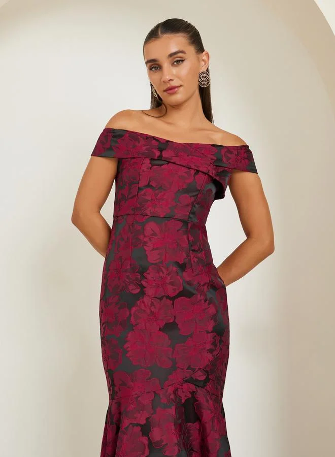 Styli Women Jacquard Off Shoulder Maxi Evening Dress