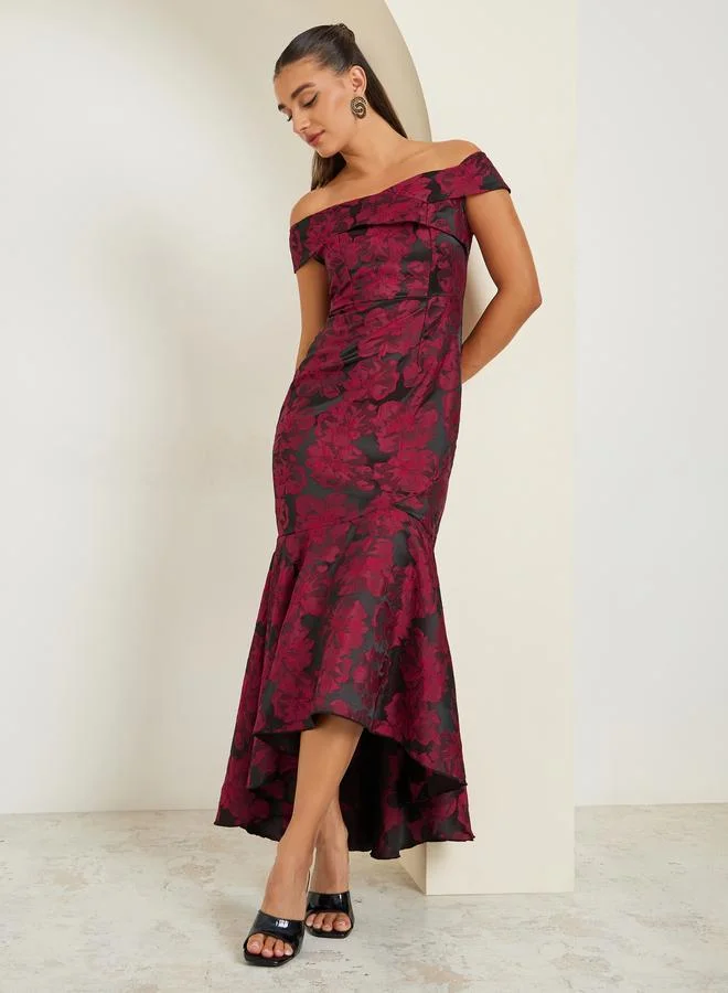 Styli Women Jacquard Off Shoulder Maxi Evening Dress