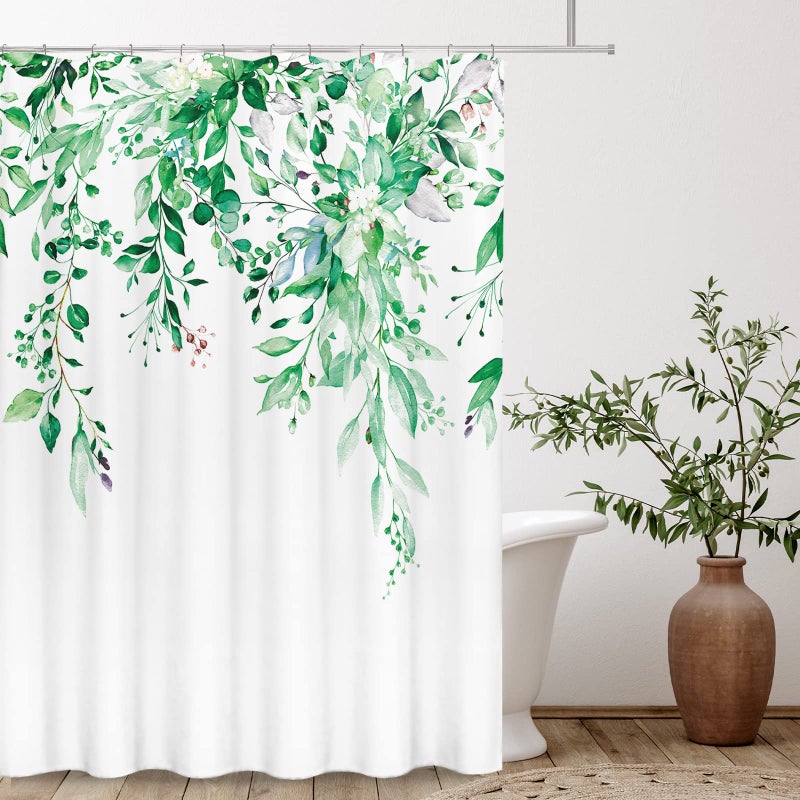 Tititex Emerald Green Eucalyptus Startain Starta Sets Moaterclor Leaves على النبات العلوي مع زخرفة الحمام الأزهار 72 × 84 بوصة مع السنانير - Image 2