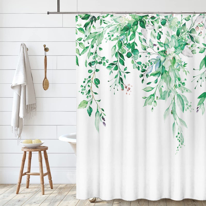 Tititex Emerald Green Eucalyptus Startain Starta Sets Moaterclor Leaves على النبات العلوي مع زخرفة الحمام الأزهار 72 × 84 بوصة مع السنانير - Image 1
