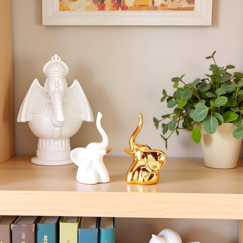 BIHOIB Home Decor Elephant Statues,1 Pair, Small Decorative Accents for Shelves, Livingroom and Bedroom, Gold and White - Image 3