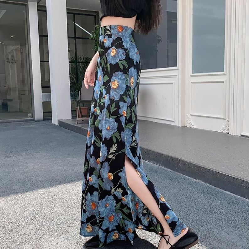 Summer Side-Slit Floral Chiffon Skirt for Women 2026 New French Style Versatile Hip-Hugging Fishtail Long Skirt - Image 1