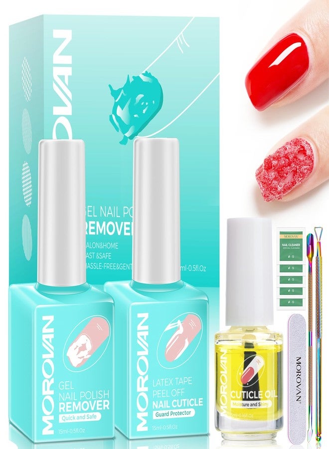Morovan Gel Nail Polish Remover Set: Gel Polish Remover with Cuticle Oil Latex Tape Peel Off Liquid Quickly & Effectively Remove in 5 Minutes No Need Soaking or Wrapping - Image 1