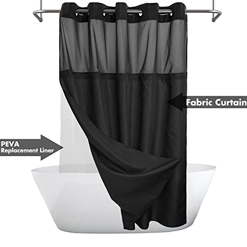 River Dream Long No Hook Slub Textured Shower Curtain with Snap-in PEVA Liner Set - 71" x 77"(75"), Hotel Style with See Through Top Window, Black Fabric Curtain & Waterproof Liner, Black, 71x77 - Image 2