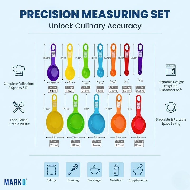 MARKQ 12-Piece Measuring Cups and Spoons Set – Plastic Stackable Kitchen Measuring Set for Dry and Liquid Ingredients, BPA Free, Colorful, Easy to Store and Clean – Pack of 2 - Image 2