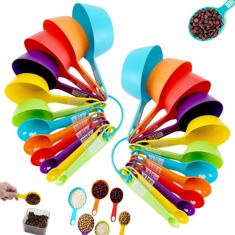 MARKQ 12-Piece Measuring Cups and Spoons Set – Plastic Stackable Kitchen Measuring Set for Dry and Liquid Ingredients, BPA Free, Colorful, Easy to Store and Clean – Pack of 2 - Image 1