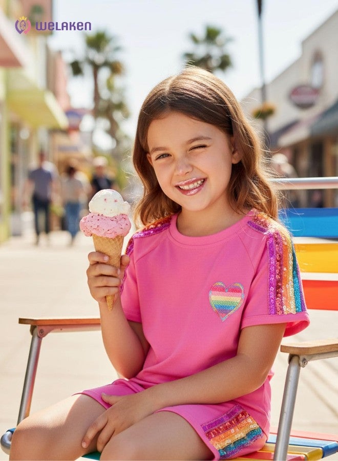 WELAKEN Girls 2 Piece Outfit Kid Toddler Heart & Rainbow Sequin Striped T-shirt and Shorts Clothing Set, Hot Pink, 6-7 years - Image 2