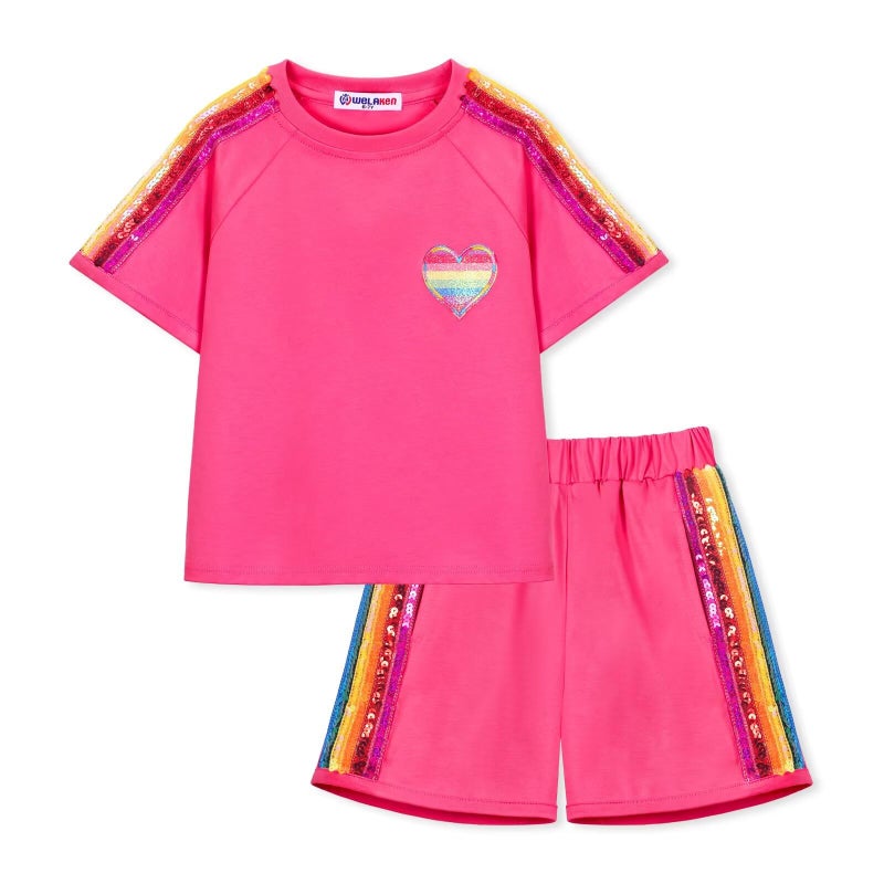 WELAKEN Girls 2 Piece Outfit Kid Toddler Heart & Rainbow Sequin Striped T-shirt and Shorts Clothing Set, Hot Pink, 6-7 years - Image 1