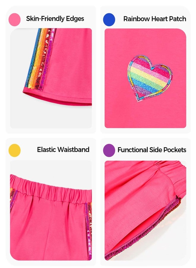 WELAKEN Girls 2 Piece Outfit Kid Toddler Heart & Rainbow Sequin Striped T-shirt and Shorts Clothing Set, Hot Pink, 6-7 years - Image 5