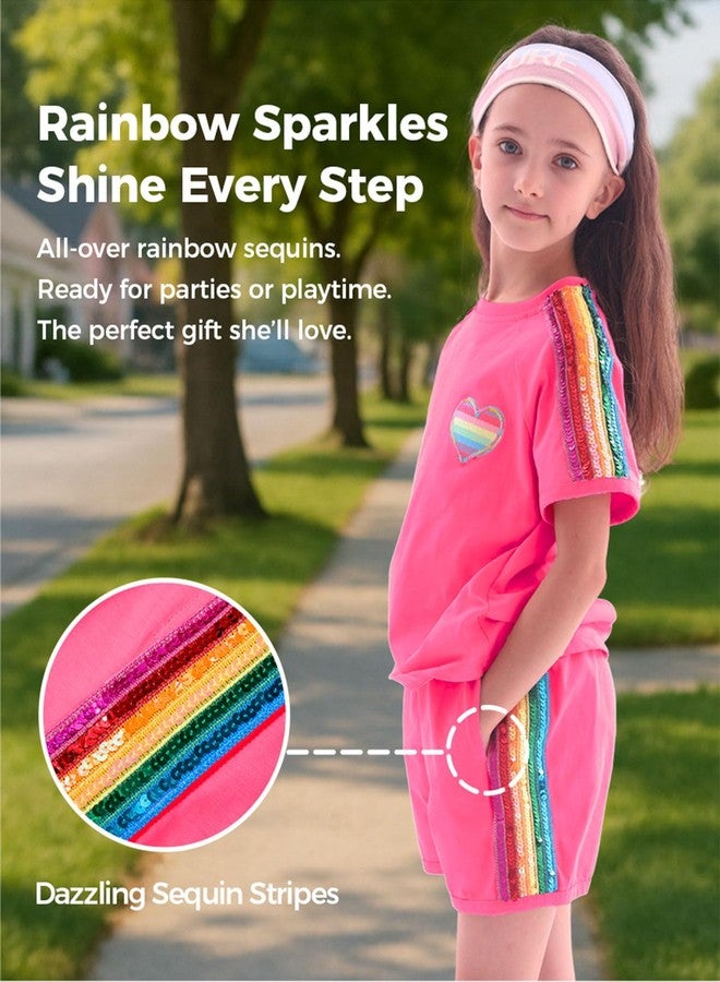 WELAKEN Girls 2 Piece Outfit Kid Toddler Heart & Rainbow Sequin Striped T-shirt and Shorts Clothing Set, Hot Pink, 6-7 years - Image 4