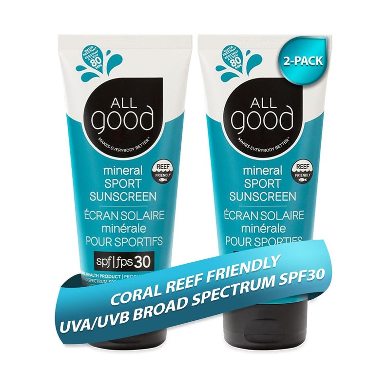 واقي الشمس All Good - لوشن واقي شمس معدني رياضي، صديق للشعاب المرجانية، SPF 30+ للوجه والجسم، مقاوم للماء والعرق، عبوة مزدوجة (3 أونصات)