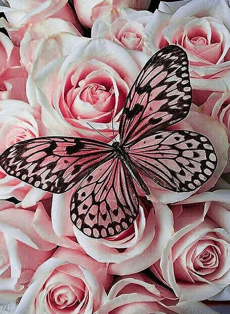 لوحة فنية بألماس تصوّر فراشة وزهرة، رسم يدوي مكتمل للأكبر، لتزيين جدار المنزل (30*40 سم) - Image 1