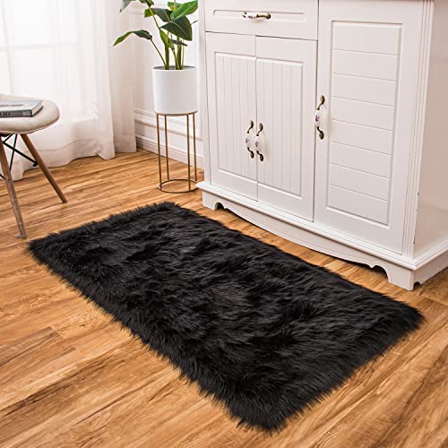 Easy Joy EasyJoy Ultra Soft Fluffy Shaggy Area Rug Faux Fur Rug Chair Cover Seat Pad Fuzzy Area Rug for Bedroom Floor Sofa Living Room (2 x 4 ft Rectangle, Black) - Image 4