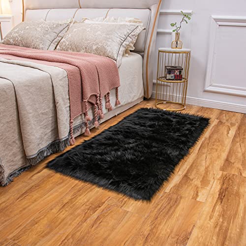 Easy Joy EasyJoy Ultra Soft Fluffy Shaggy Area Rug Faux Fur Rug Chair Cover Seat Pad Fuzzy Area Rug for Bedroom Floor Sofa Living Room (2 x 4 ft Rectangle, Black) - Image 3