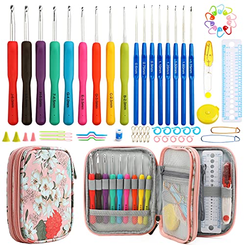 Looen Crochet Hooks Set-Yarn Needles Coloured Aluminum with Storage Case Rubbery Handle Ergonomic Comfort Grip DIY Craft Handmake Kit 47pcs - Image 1