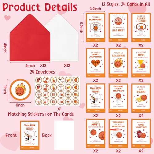 TICIAGA 72pcs Valentine’s Day Basketball Greeting Cards with Envelop and Stickers for Kids, 4 x 6 IN Sport Theme Exchange Gift Cards for Boys and Girls School Classroom Supplies, Valentines Party Favors - Image 2