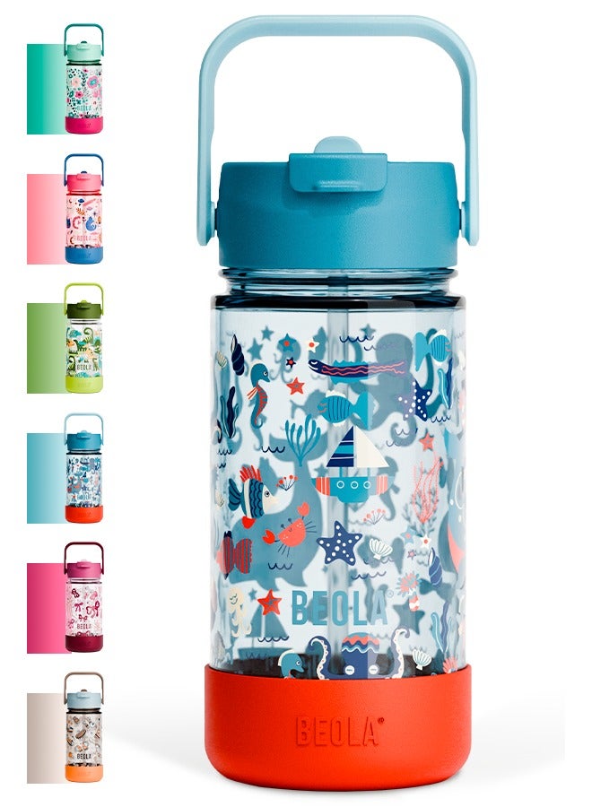 BEOLA 500ml Kids Water Bottle with Straw Lid and Silicone Protective Boot, Tritan Plastic, BPA BPS FREE Leak Proof and Drop Resistant Kids Water Bottles for School (Sea Vibes) - Image 1