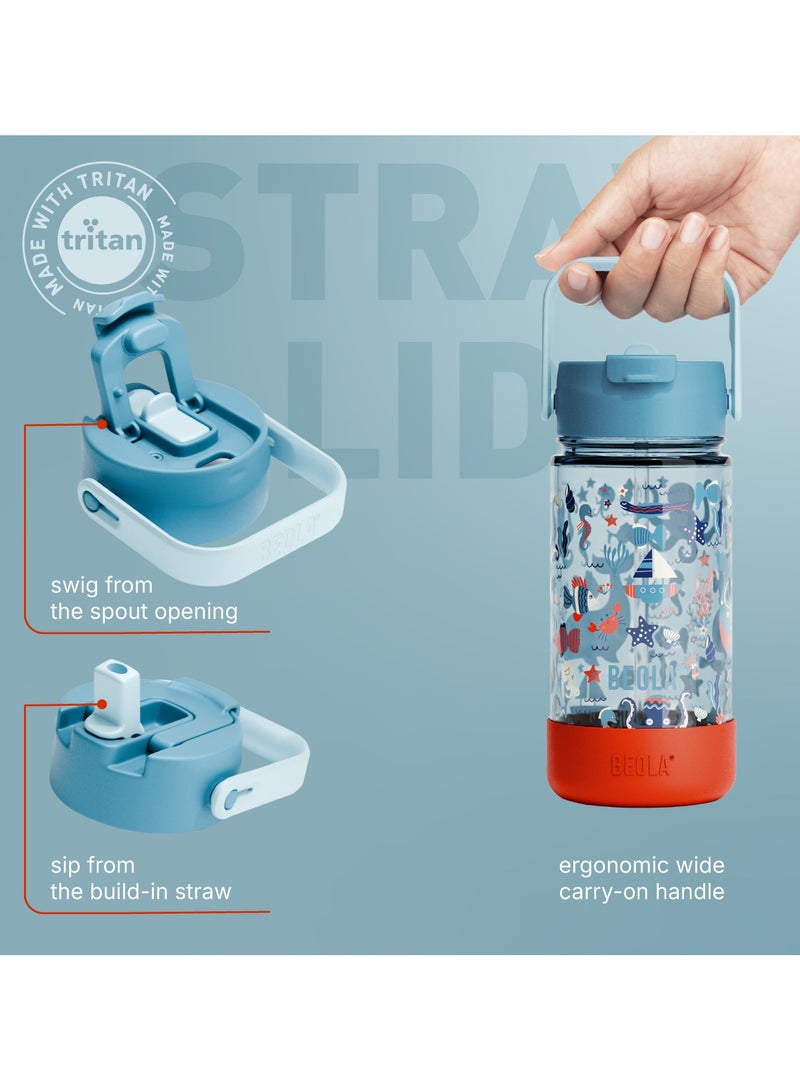 BEOLA 500ml Kids Water Bottle with Straw Lid and Silicone Protective Boot, Tritan Plastic, BPA BPS FREE Leak Proof and Drop Resistant Kids Water Bottles for School (Sea Vibes) - Image 3