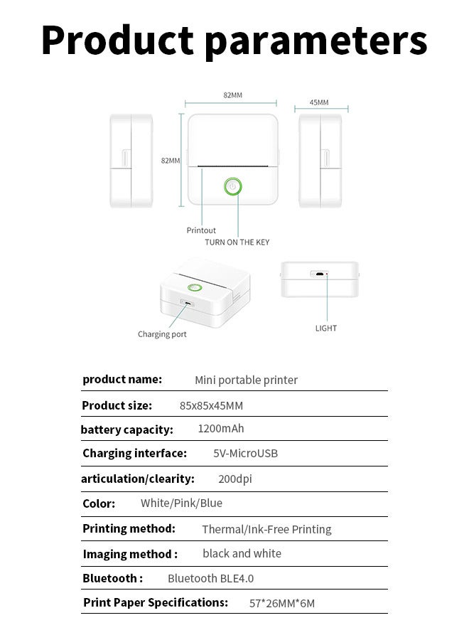 Portable Mini Printer, Inkless Sticker Maker, Pocket Bluetooth Thermal Printer with One Roll of Printing Paper, Compatible with Android and iOS for Photo Labels Diary Notes Memo