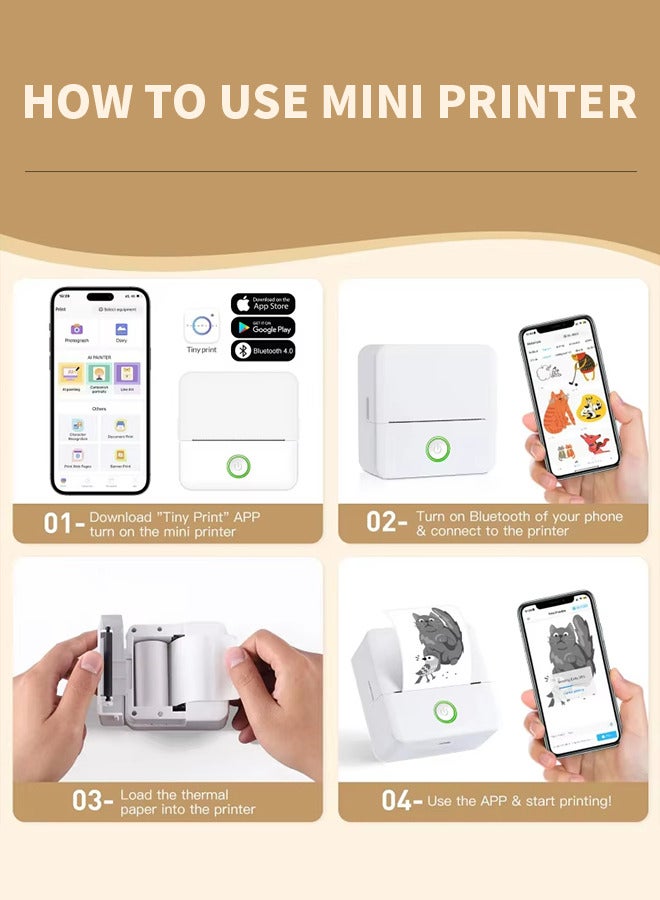 Portable Mini Printer, Inkless Sticker Maker, Pocket Bluetooth Thermal Printer with One Roll of Printing Paper, Compatible with Android and iOS for Photo Labels Diary Notes Memo