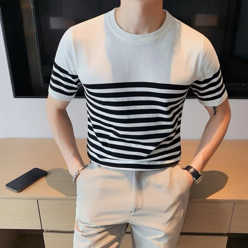 2025 Men'S Summer Ice Silk Short Sleeve Knitted Round Neck Striped T-Shirt Plaid Temperament Home Wear - Image 2