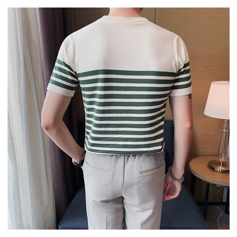 2025 Men'S Summer Ice Silk Short Sleeve Knitted Round Neck Striped T-Shirt Plaid Temperament Home Wear - Image 1