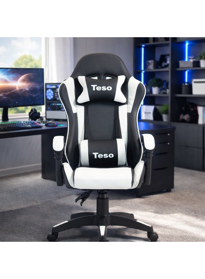 تيسو كرسي ألعاب مريح بتصميم هندسي، كرسي مكتب سباق بظهرٍ عالٍ من جلد PU مع دعم أسفل الظهر قابل للتعديل، كرسي مكتب كمبيوتر دوّار - Image 1
