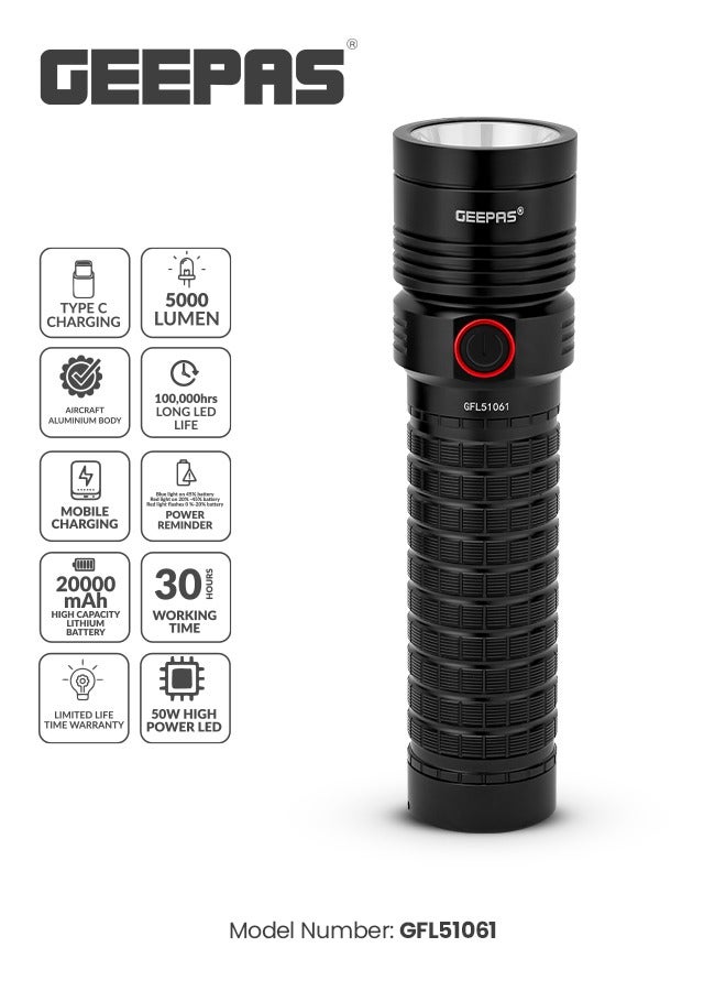 GEEPAS Rechargeable LED Flashlight with High Capacity Lithium Battery /Aircraft Aluminium Body/Mobile Charging/Type C Charging /GFL51061, Black - Image 1