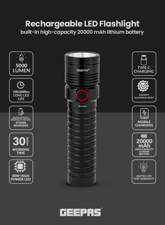 GEEPAS Rechargeable LED Flashlight with High Capacity Lithium Battery /Aircraft Aluminium Body/Mobile Charging/Type C Charging /GFL51061, Black - Image 2