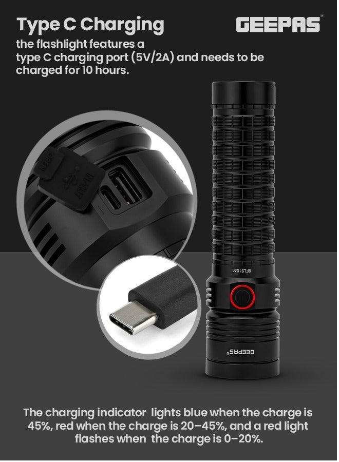 GEEPAS Rechargeable LED Flashlight with High Capacity Lithium Battery /Aircraft Aluminium Body/Mobile Charging/Type C Charging /GFL51061, Black - Image 3